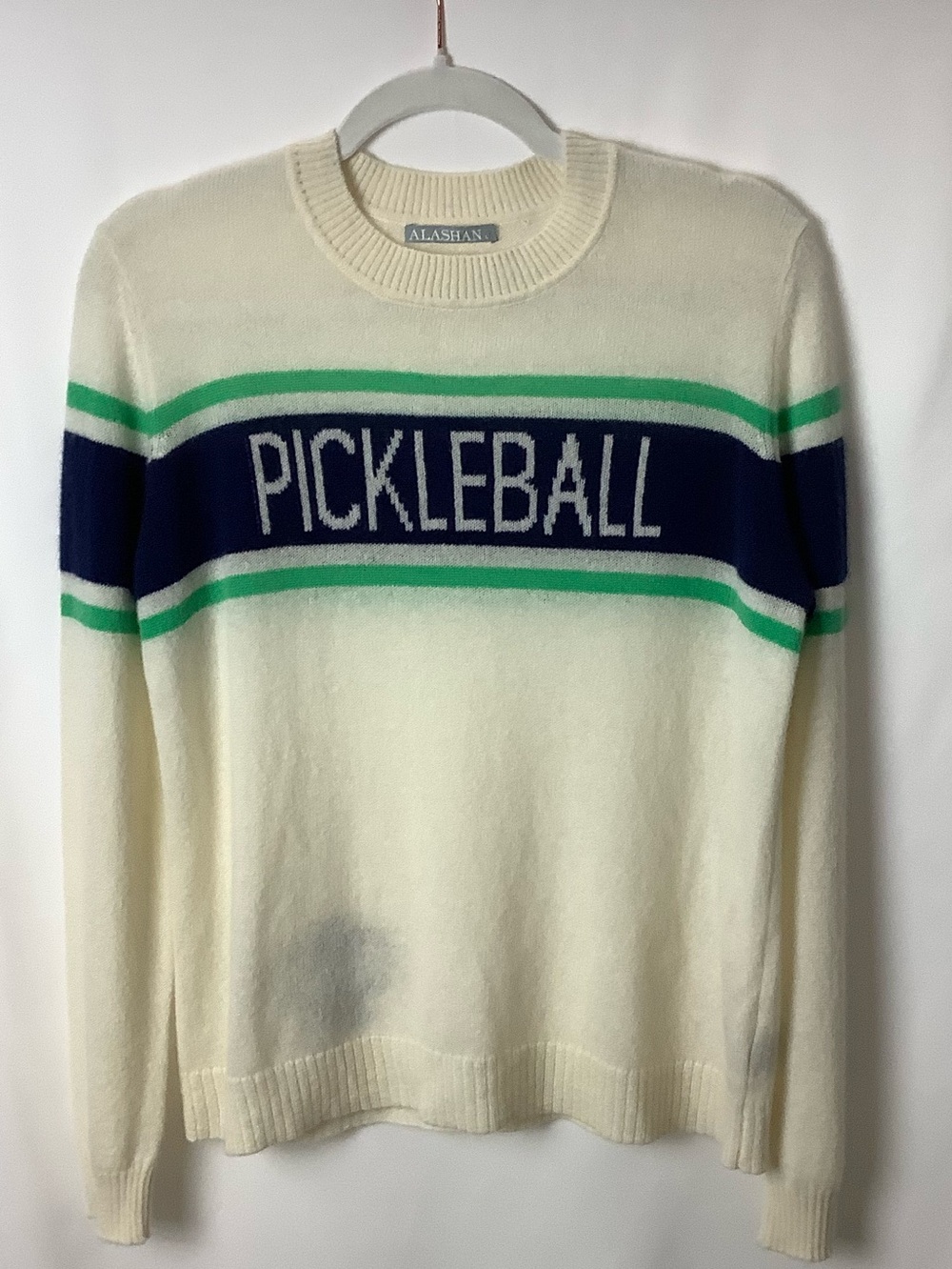 NWOT Alashan 100% Cashmere Cream Pickleball Navy &‎ Green Stripes SZ Large